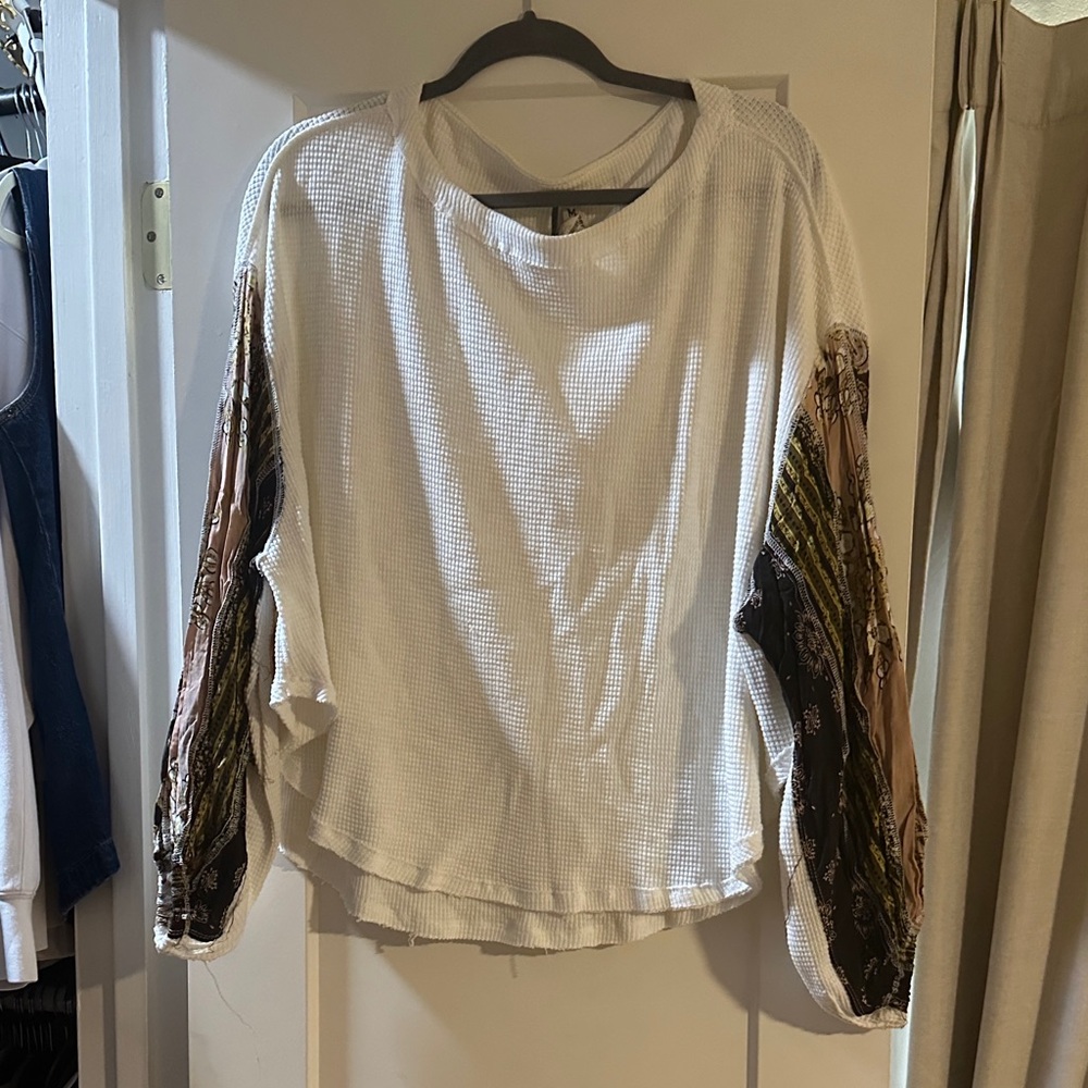We The Free White Blouse with Multicolor Sleeves
